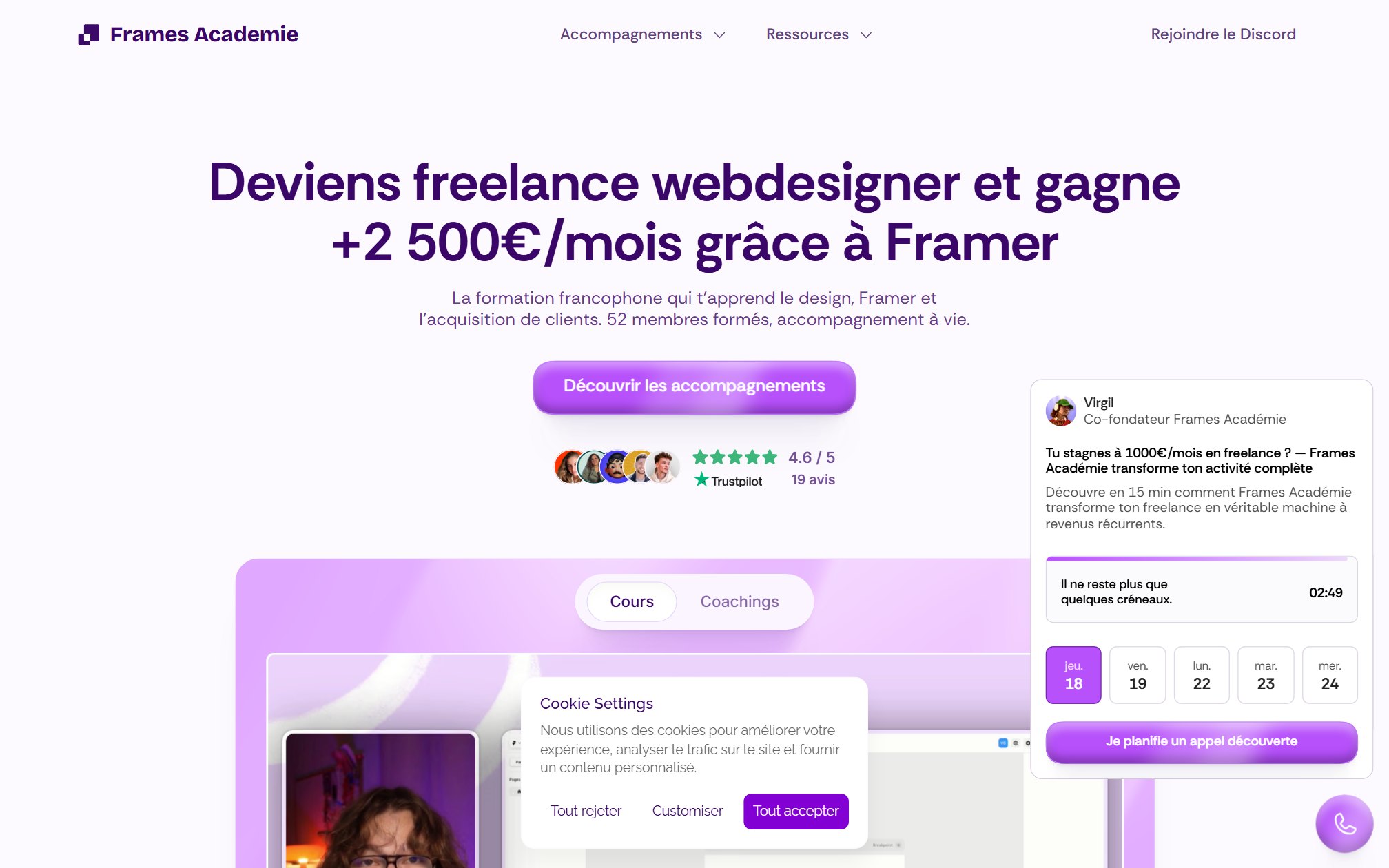 Frames Académie on desktop